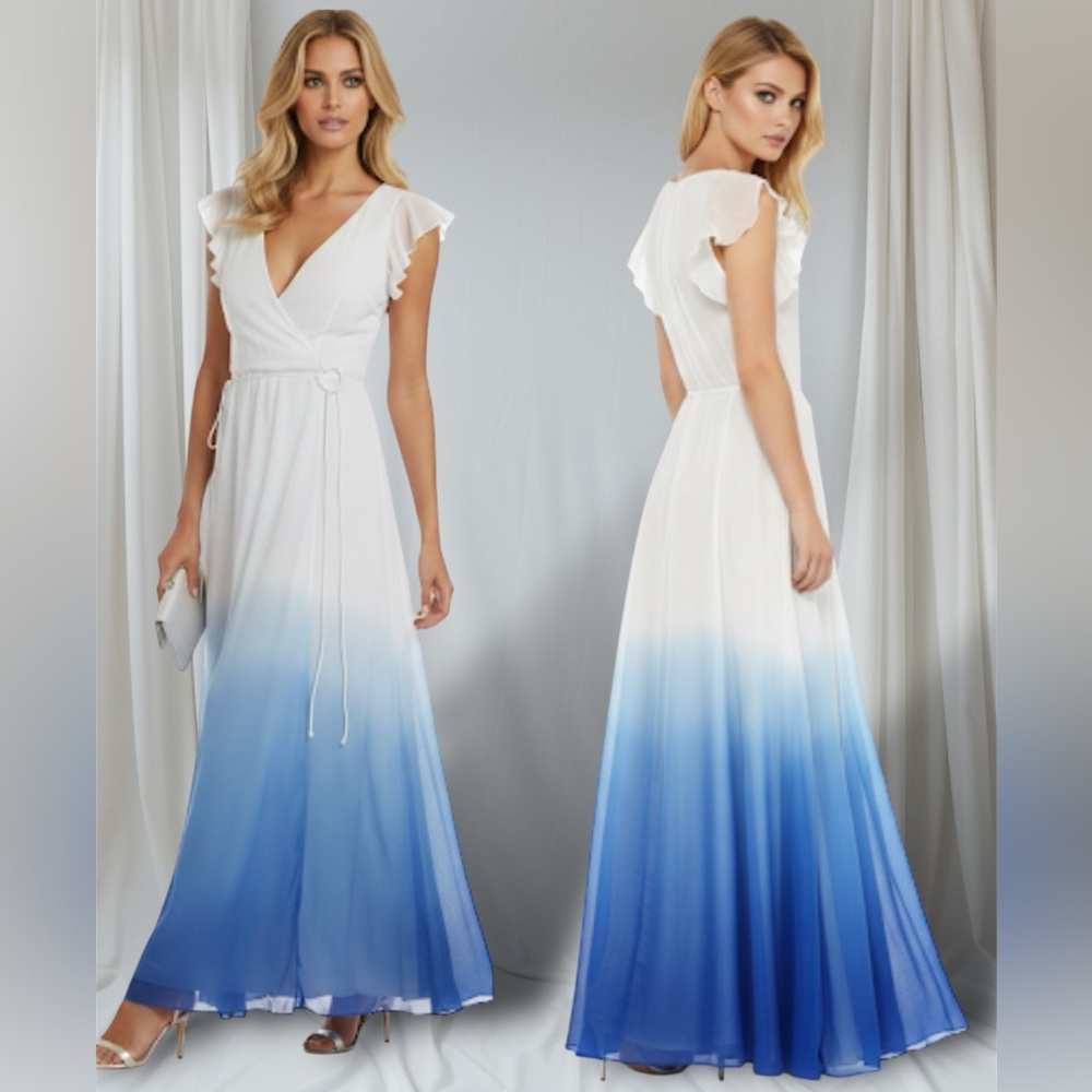 NWT Diane Von Furstenberg Delancy Silk Wrap Maxi Dress - Gradient Falls Blue - 2